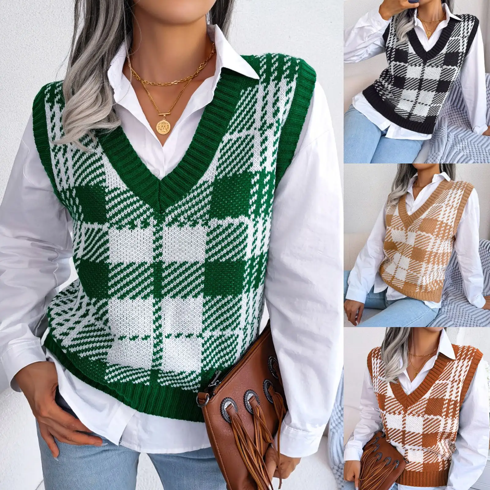 Color-block Plaid Knitted Vest Sweater Waistcoat