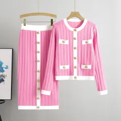Skirt Knitted Cardigan Two-piece Set Dress For Women Autumn And Winter - Pink - View 1