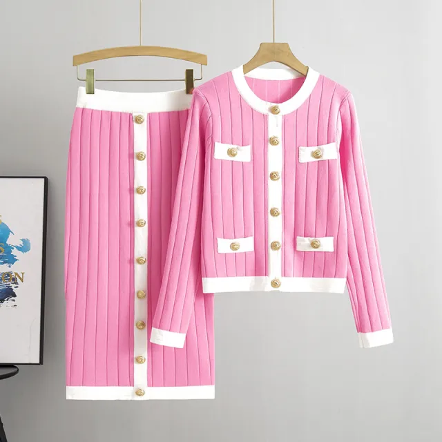 Skirt Knitted Cardigan Two piece Set Dress For Women Autumn And Winter Pink - Shop at LoveMi