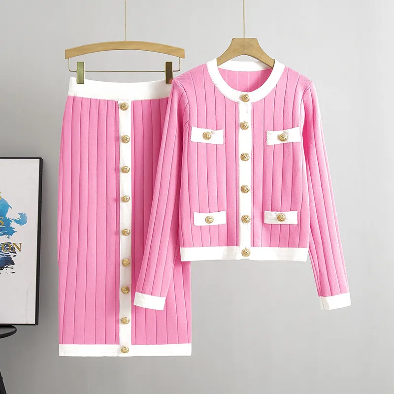 Skirt Knitted Cardigan Two-piece Set Dress For Women Autumn And Winter - Pink