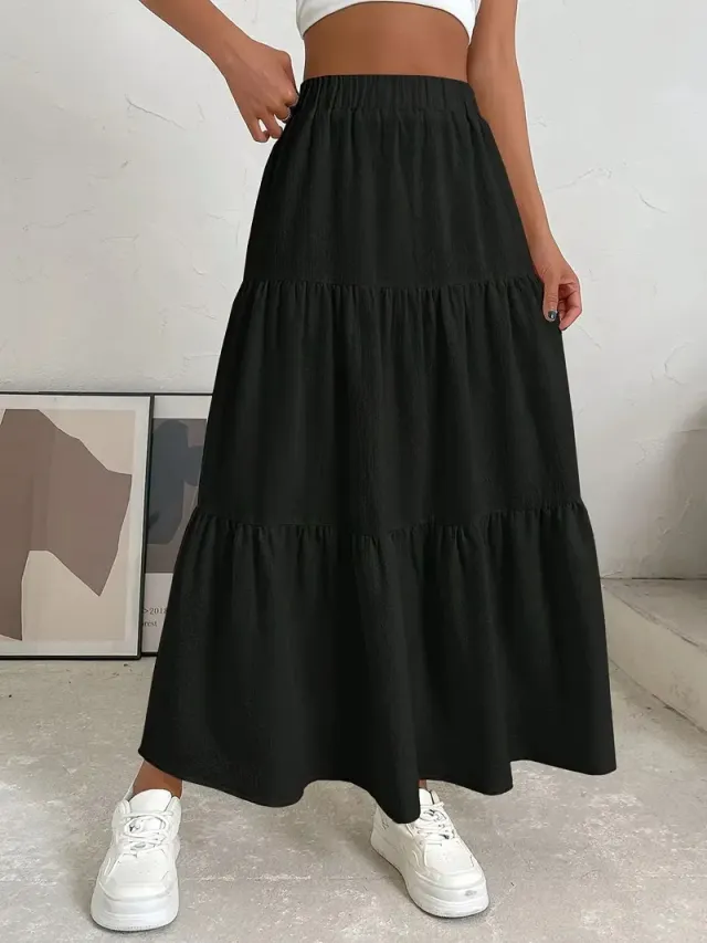 European And American Style Women Summer Bohemian Pleated Layered Long Skirt Black - Shop at LoveMi