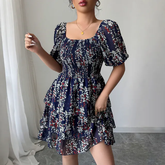 European And American Elegant Floral Cake Dress Dark Blue - Shop at LoveMi