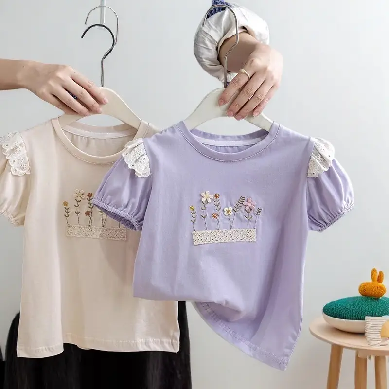 Girls' Pure Cotton Embroidery Loose Ruffled Top