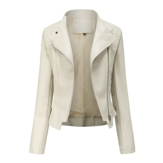 PU Lapel Women Slim fit Leather Coat Women Beige - Shop at LoveMi