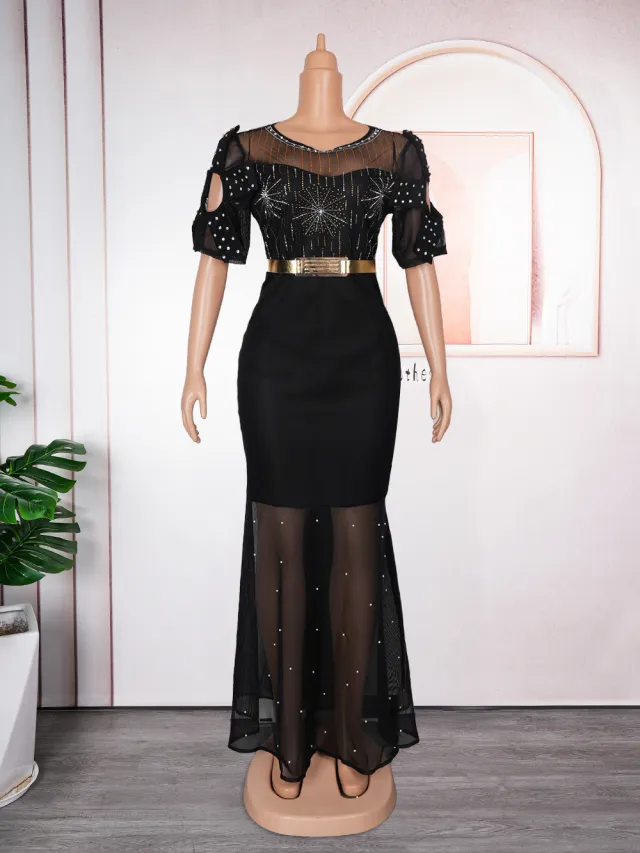 Women's Heavy Embroidered Hot Diamond Beads Night Banquet Light Luxury Evening Dress Fishtail Skirt Black - Shop at LoveMi