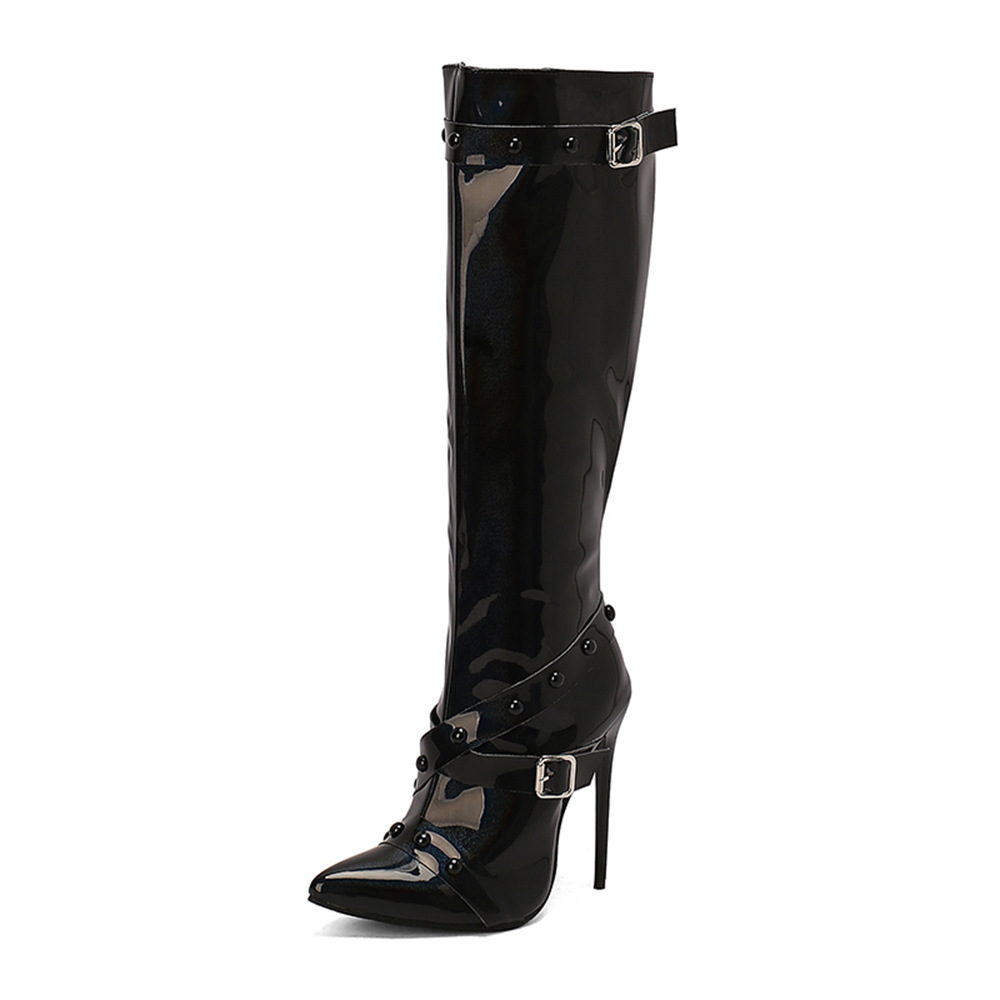 Womens Stiletto Heel Rivet Long Boots