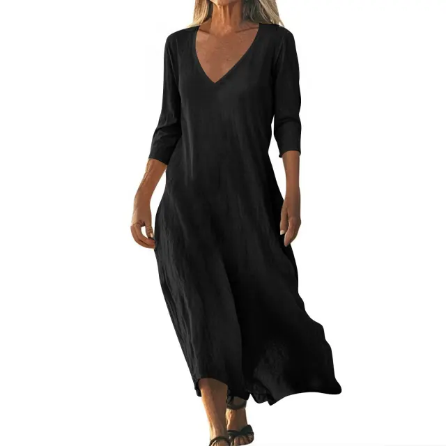 Cotton Linen V neck Short Sleeve Loose Dress Women's Clothing Black - Shop at LoveMi