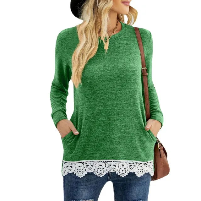 Round Neck Loose Leisure Pullover Pocket T shirt Lace Stitching Coat Green - Shop at LoveMi