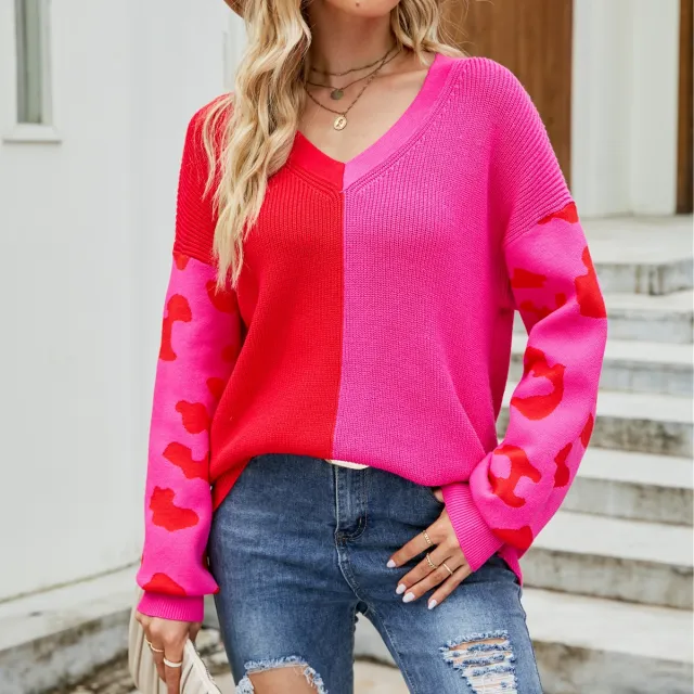 Women's Casual Contrast Color Leopard Print V neck Fashion Pullover Sweater Red - Shop at LoveMi