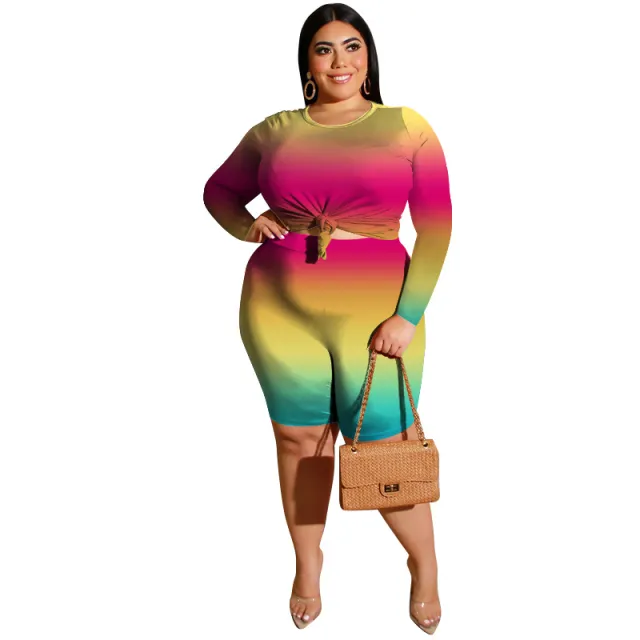 Women's Fashionable Casual Two Piece Set Printed Top And Shorts Gradient Printing - Shop at LoveMi