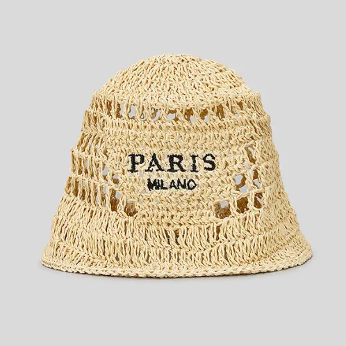 Hollow Grass Hand made Embroidered Handwriting Beach Sun Pastoral Style Bucket Hat Khaki - Shop at LoveMi