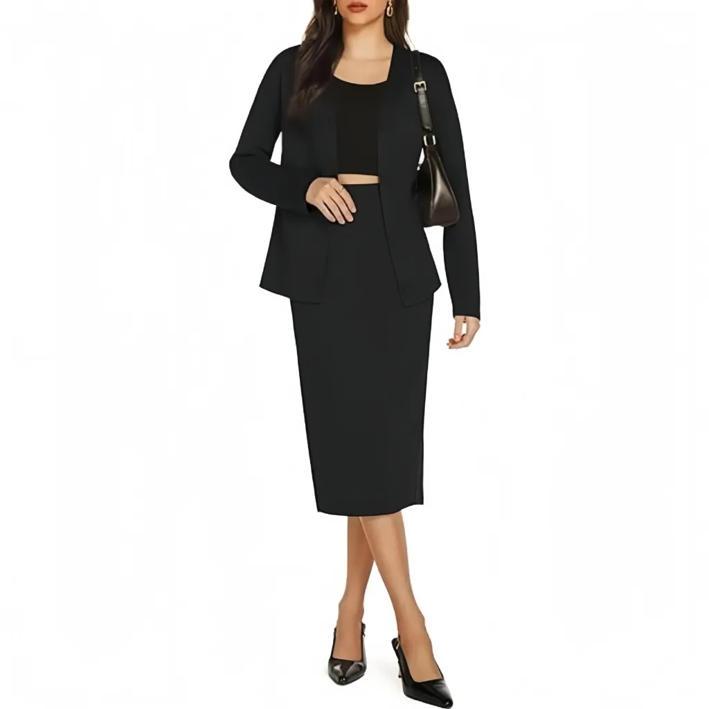 Mid-length Dress Fashion Casual Wear Long-sleeved Cardigan With Suit - Black