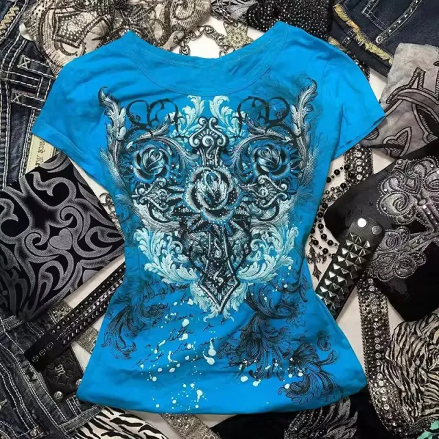 Fashionable Slim fit Short sleeved Printed Top For Women Blue - Shop at LoveMi