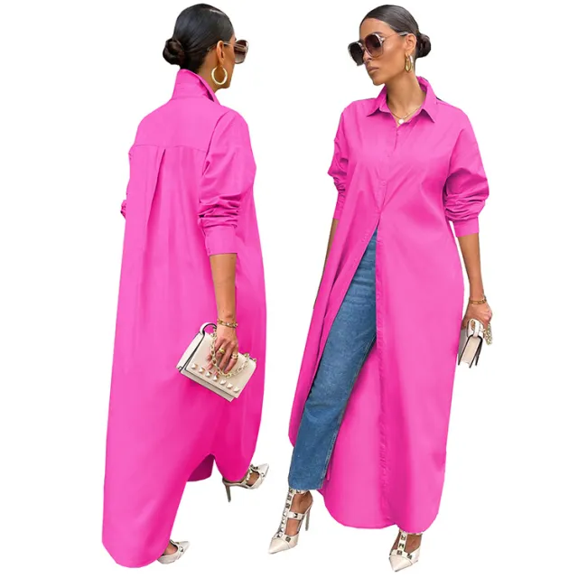 Women's Fashion Casual Solid Color Long Shirt Coat Red - Shop at LoveMi