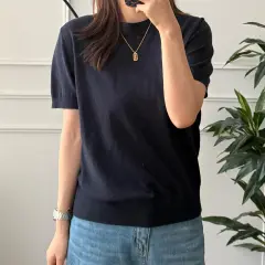 Pure Colour Cotton Spun Yarn Knitwear Short Sleeve - Navy Blue - View 1