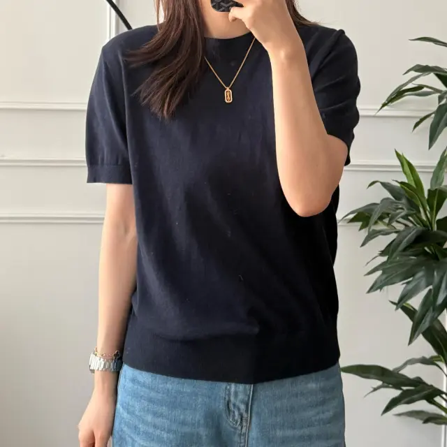 Pure Color Cotton Spun Yarn Knitwear Short Sleeve Navy Blue - Shop at LoveMi