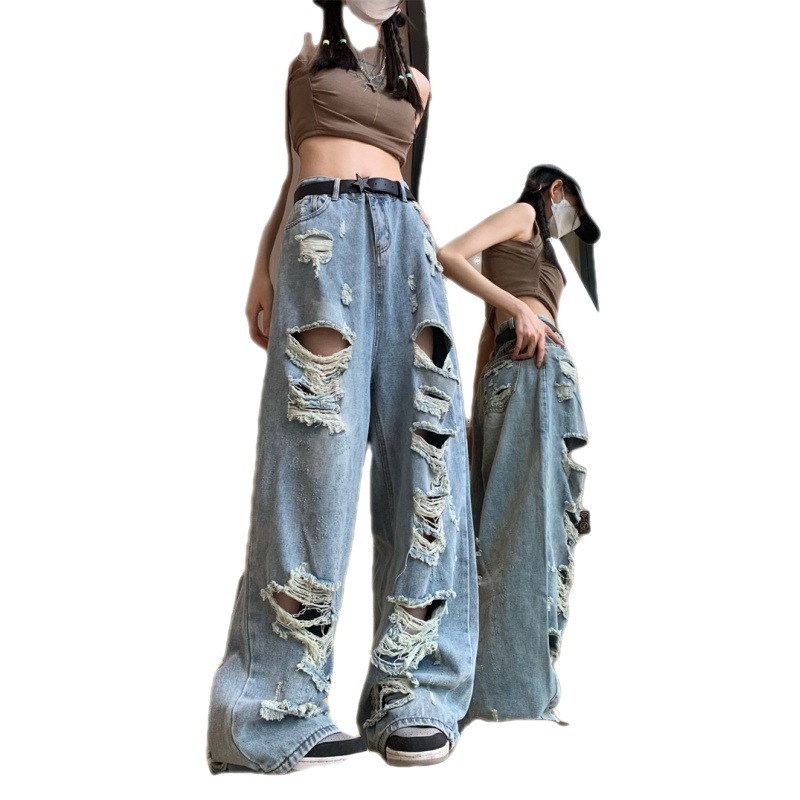Large Size High Street Wide Leg Beggar Ripped Jeans Women's Retro Blue - Shop at LoveMi
