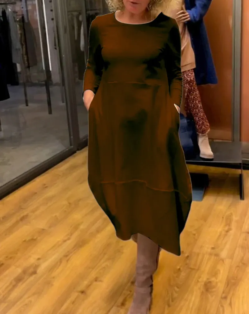 Autumn And Winter Wild Solid Color Round-neck Long-sleeved Dress Women's Clothing - Brown