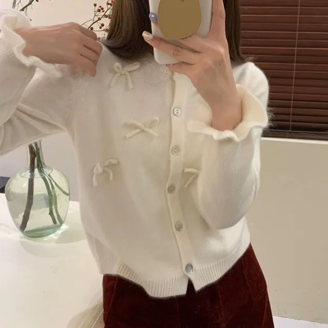 Design Bow Bell Sleeve Sweater Coat Sweet Knitted Cardigan White - Shop at LoveMi