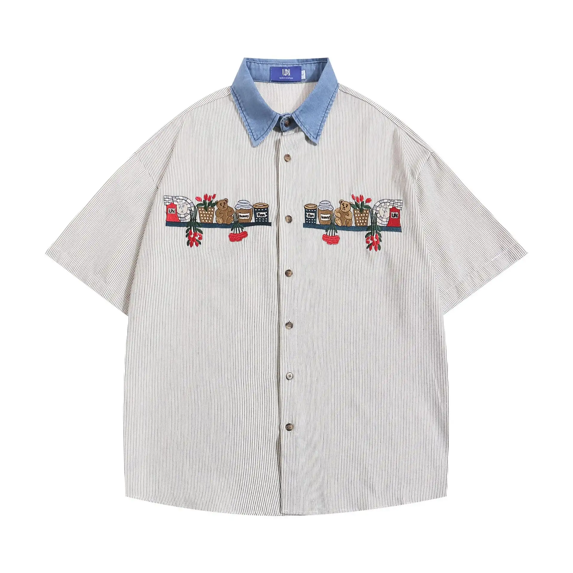 Pinstripe Cartoon Bear Embroidery Short Sleeve Loose Shirt