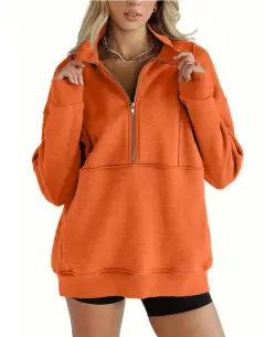 Zipper Patchwork Pocket Brushed Hoody Women's Loose - Orange Red - View 1