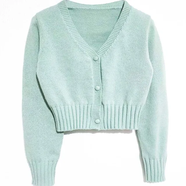 V neck Long Sleeve Short Coat Sweater Fresh Water Green - Shop at LoveMi