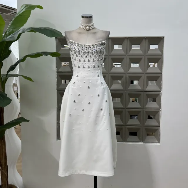 Handmade Rhinestone Heavy Industry Waist Tube Top Dress White - Shop at LoveMi