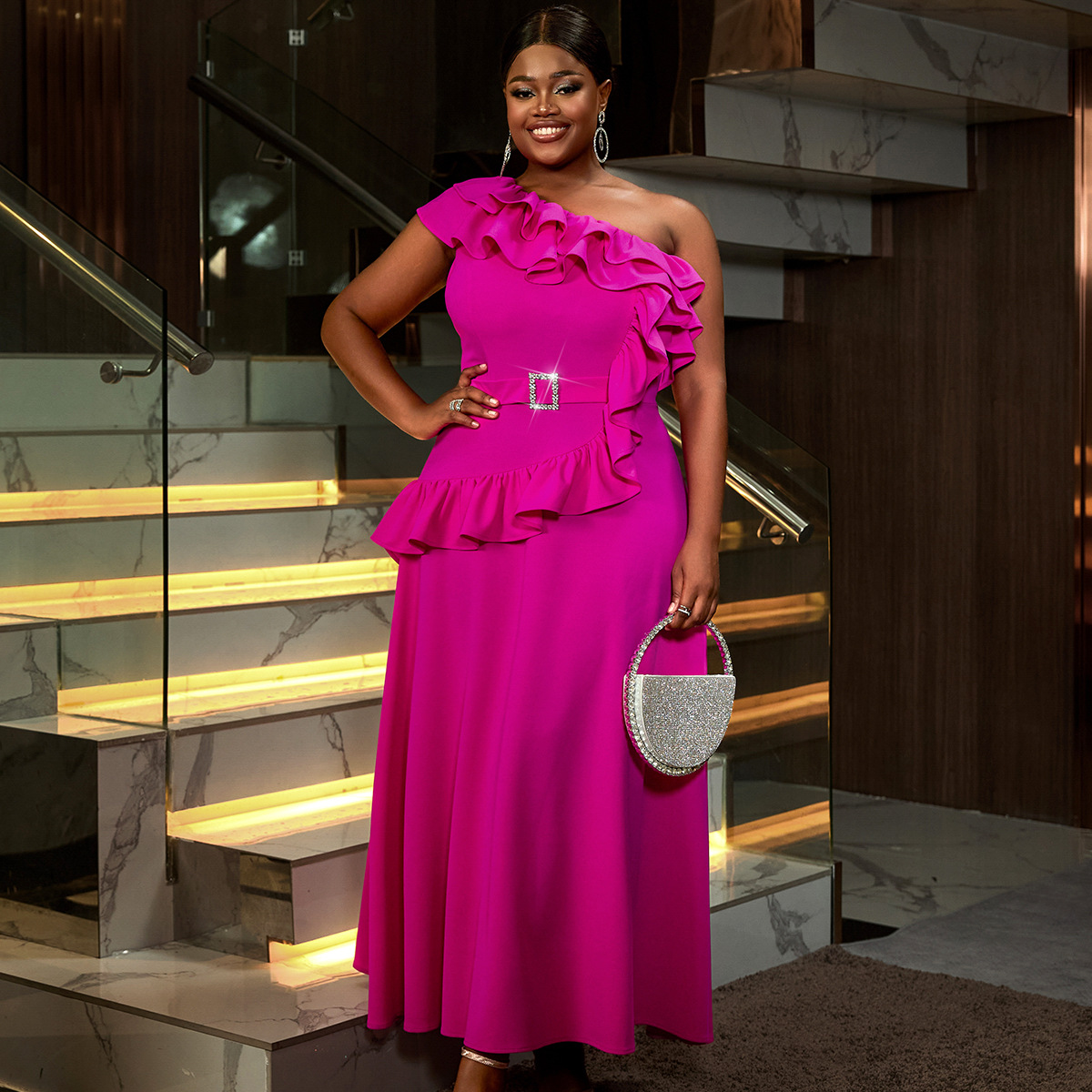 Womens One-shoulder Sleeve Evening Gown