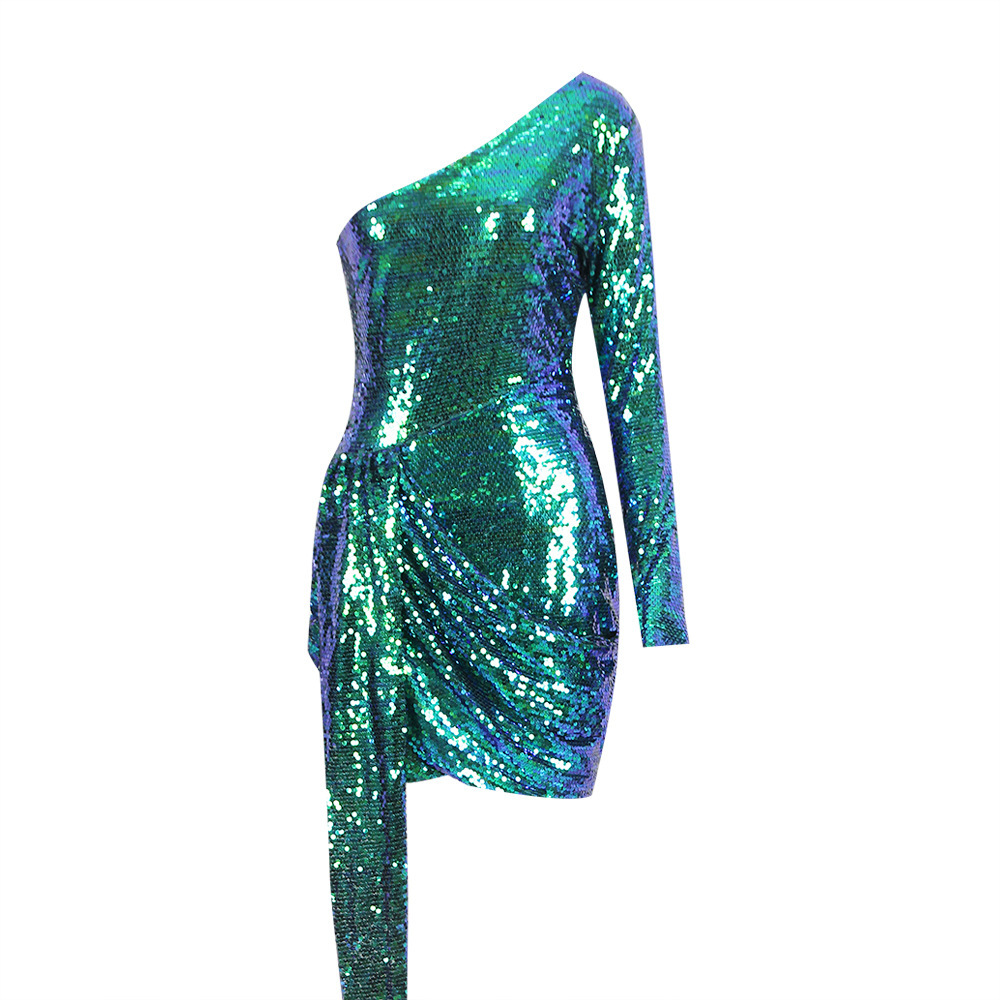 Women's Sequined One-shoulder Dress For Banquet Host Annual Meeting - Image 4