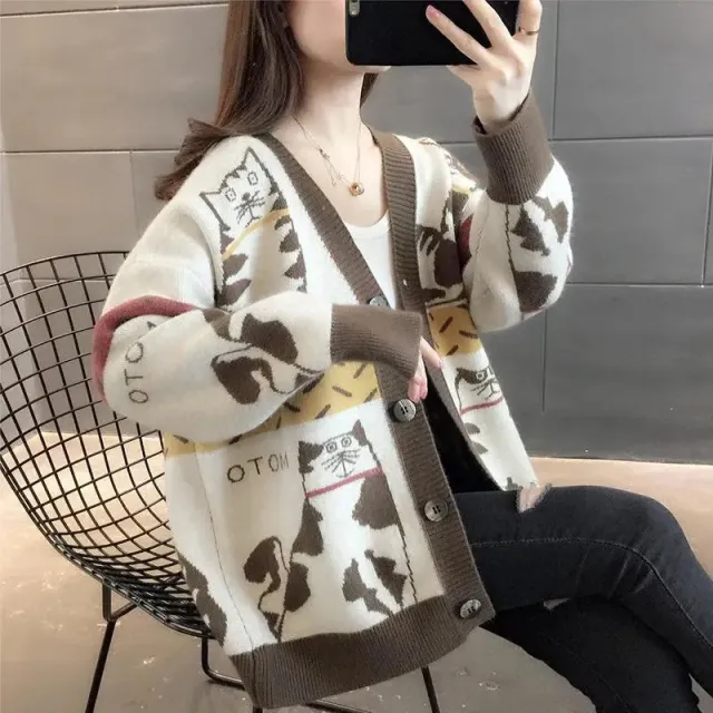 Cartoon Cat Contrast Color Sweater Coat For Women Autumn And Winter New Loose And Lazy Style Fashionable All match Knitted Cardigan Brown - Shop at LoveMi