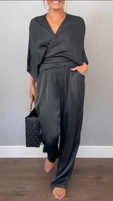 Solid Color Satin Short sleeved Top Pants Suit Women Black - Shop at LoveMi