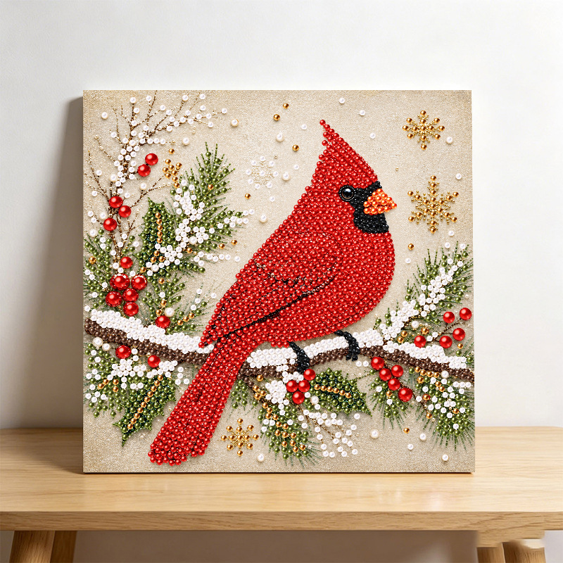 Floral And Red Bird Animal Handcrafted Pearl Painting 2