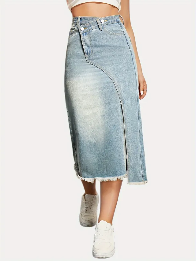 American Retro Denim Split Stitching Skirt Light Blue - Shop at LoveMi