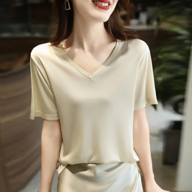 Vest Beautiful French Base Shirt Loose Satin Top Champagne V - Shop at LoveMi