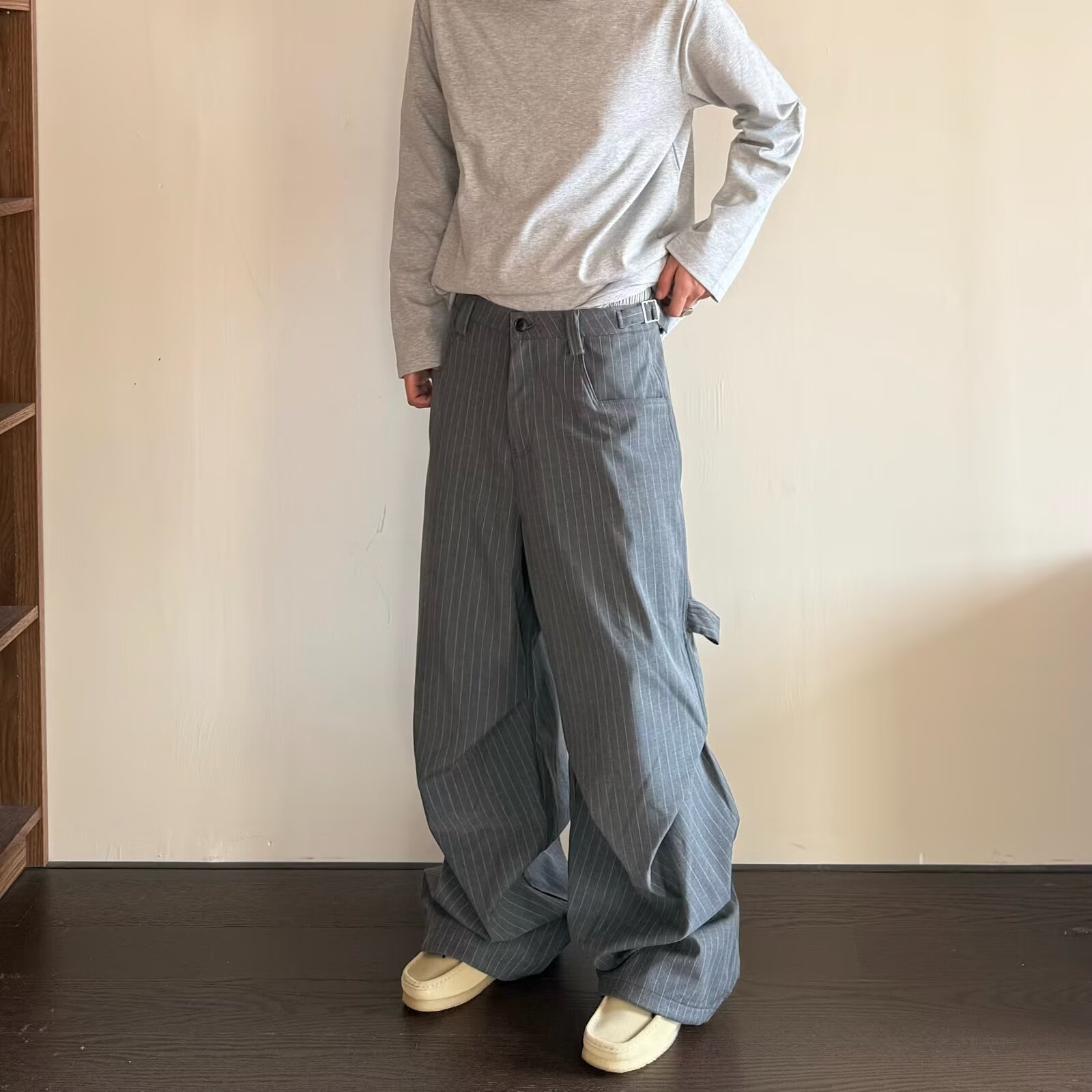 Laid-back, Relaxed Striped Color-block Low-rise Suit Pants