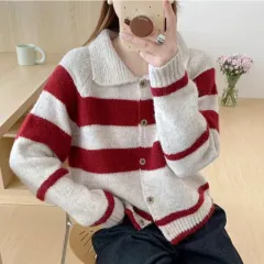 Women's Retro Contrast Colour Striped Lapel Sweater Cardigan Coat - Red - View 1