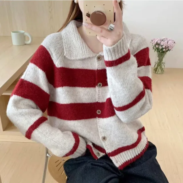 Women's Retro Contrast Color Striped Lapel Sweater Cardigan Coat Red - Shop at LoveMi