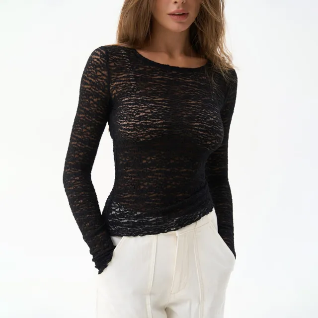 Women's New Fashion Round Neck Sexy See through Slim fit Top Black - Shop at LoveMi