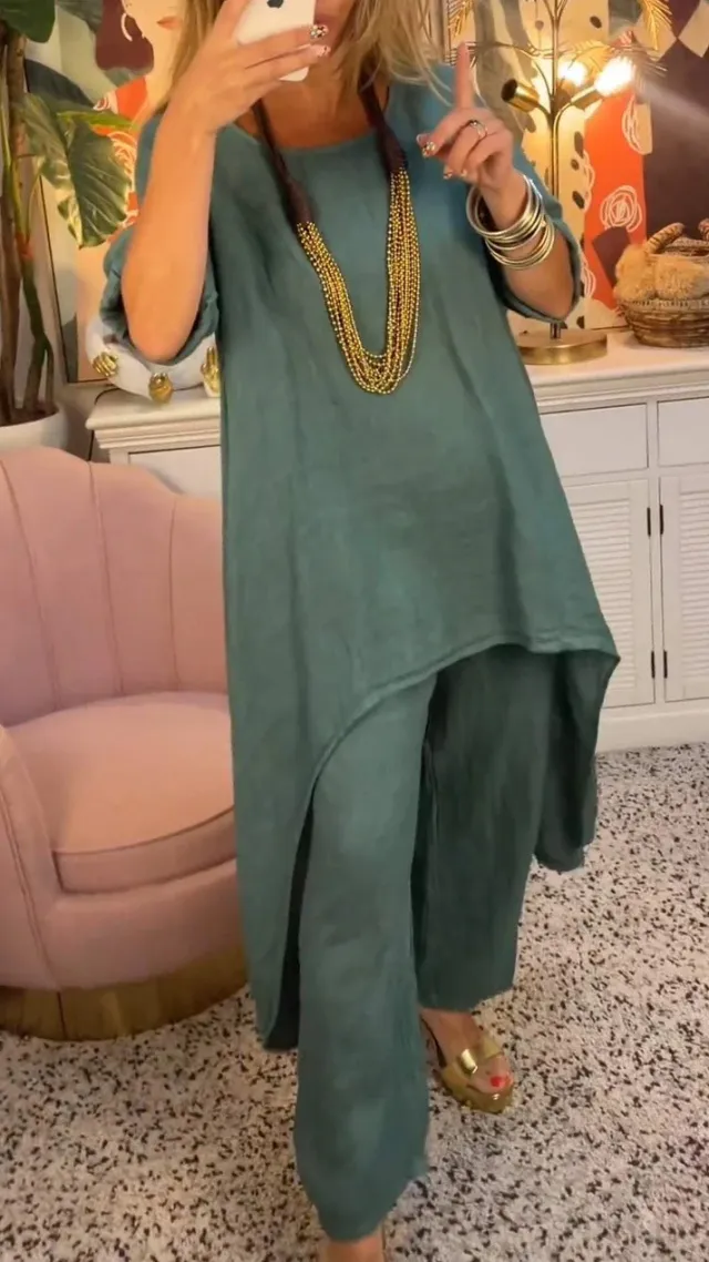 Solid Color Irregular Casual Cropped Long Sleeve Cotton And Linen Trousers Suit Women Green - Shop at LoveMi