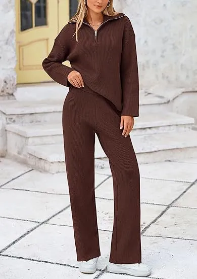 European And American Autumn And Winter Knitting Two piece Set Casual And Comfortable Half open Zipper And Lapel Sweater Brown - Shop at LoveMi