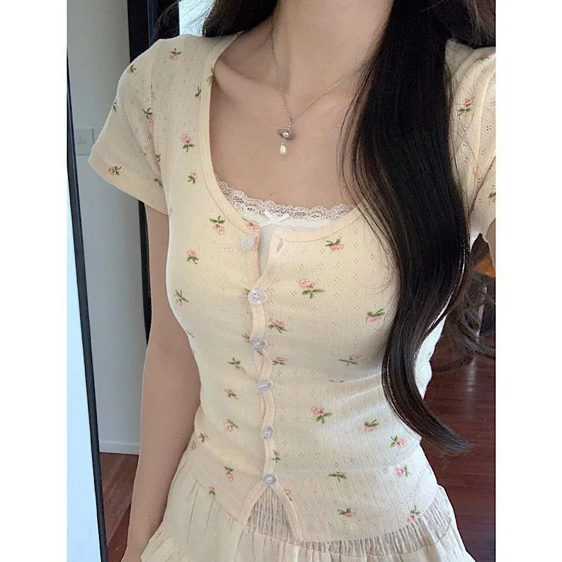 Summer Short Bm Style Tight Waist Short Slim Top - Apricot