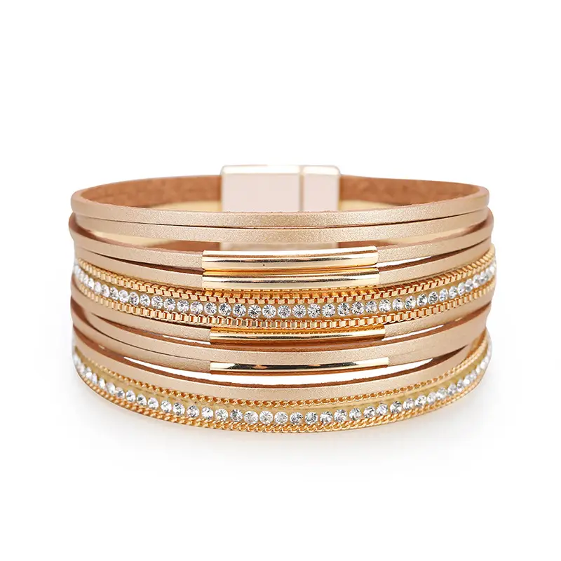 Multi-layer Genuine Leather Slim Chain Copper Tube Stick-on Crystals Bracelet