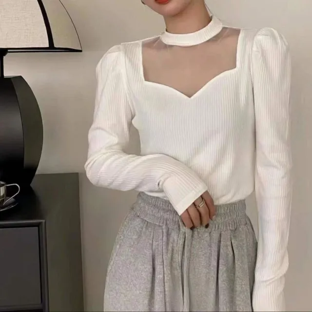AutumnWinter Thin Mesh Knitted Solid color Women's Top With Tummy Contouring Design White - Shop at LoveMi