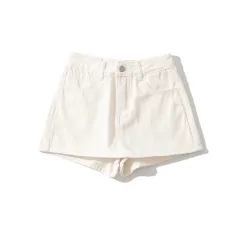High Waist One Button Short Net Surface Denim Skirt - White - View 1