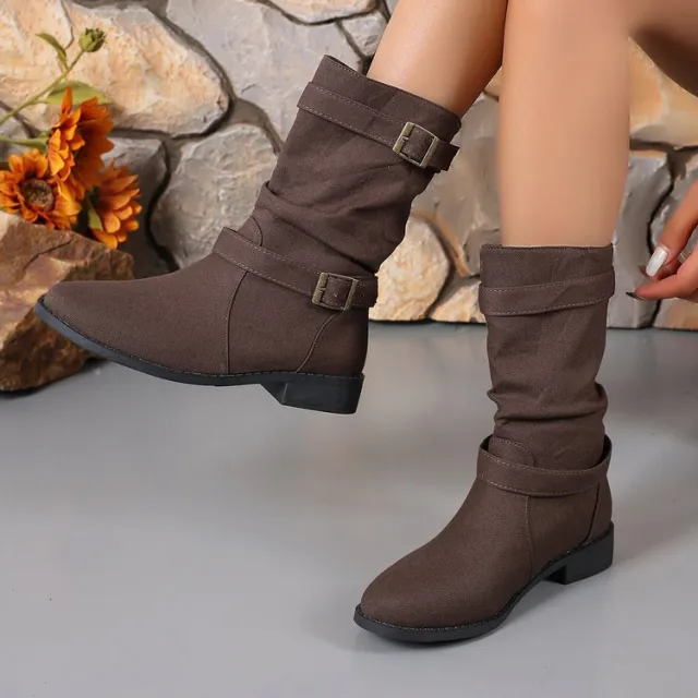 Square Heel Round Toe Women's Denim Leather Boots Brown - Shop at LoveMi