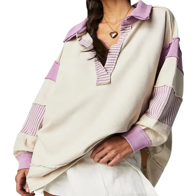 Loose V neck Casual Long Sleeve Pullover Split Patchwork Sweater Beige - Shop at LoveMi