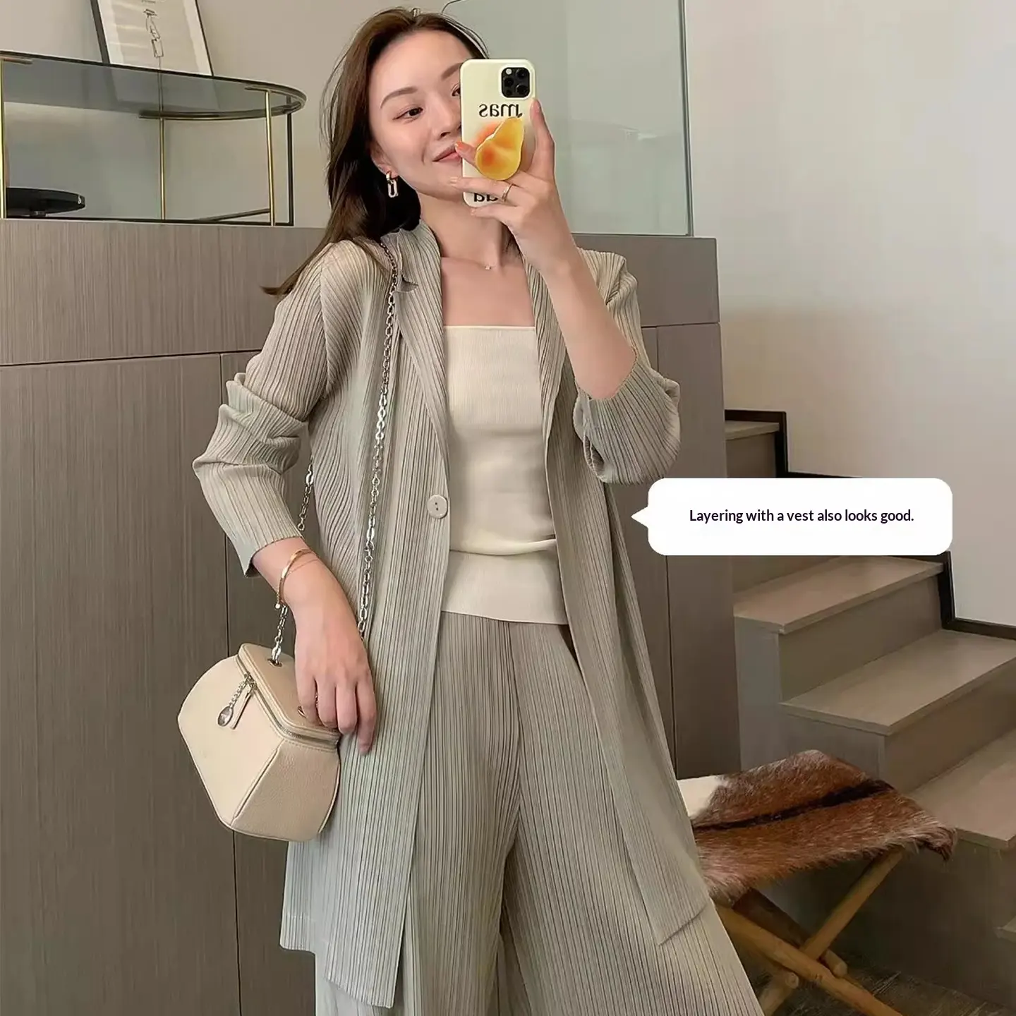 Women Pleated Cardigan Set Minimalist Casual Two