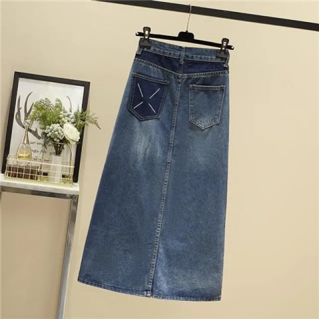 High Waist Slimming Sheath Plus Size Denim Skirt Blue 0342 - Shop at LoveMi