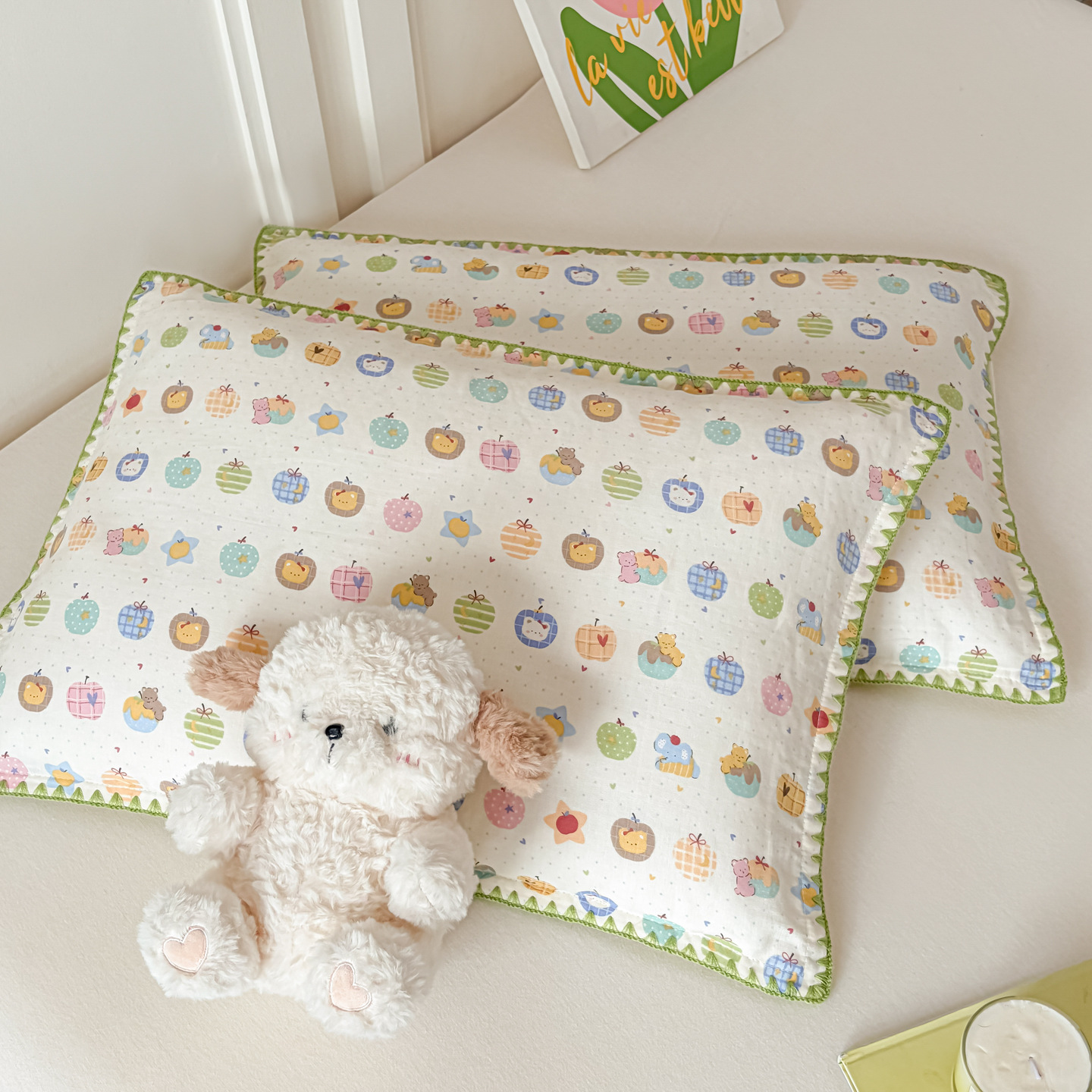 Mommy-and-baby Pillowcase Pure Cotton Double-layer Gauze With Shell-edged Trim
