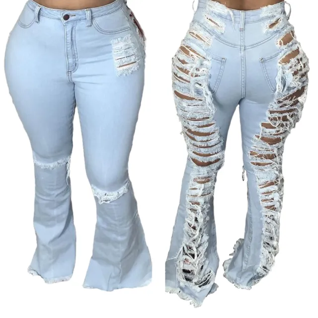 Fashion Trendy Unique Jeans Stretch Plus Size Bell bottom Pants Light Blue - Shop at LoveMi